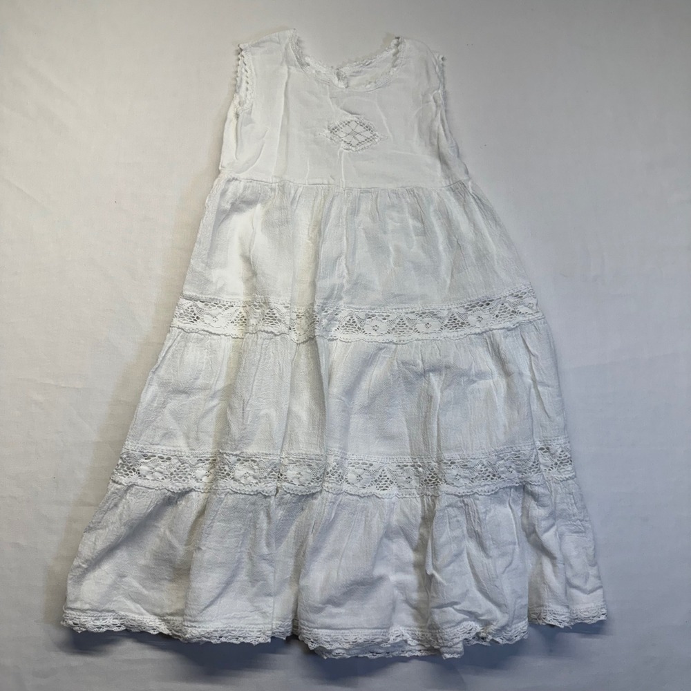 Girls White Lace Trim Tiered Dress Cottagecore Flower Girl Boho Size 10 Prairie